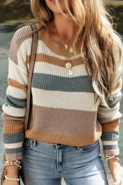 Outlet Dear-Lover Classic Round Neck Colorblock Knit Sweater Camel