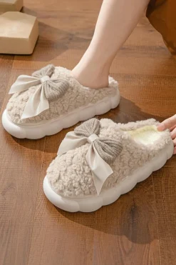 Best Dear-Lover Contrast Bowknot Applique Plush Winter Slippers (Bow Colors May Differ by Batch) Camel