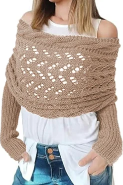 Outlet Dear-Lover Cross Detail Hollowed Knit Scarf with Sleeves Camel