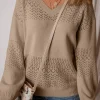 Fashion Dear-Lover Eyelet Pattern Detail V Neck Drop Shoulder Sweater Camel