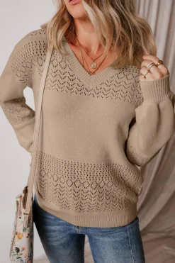 Fashion Dear-Lover Eyelet Pattern Detail V Neck Drop Shoulder Sweater Camel