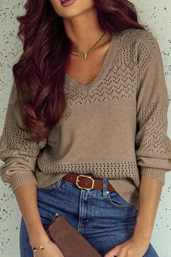 Fashion Dear-Lover Eyelet Pattern Detail V Neck Drop Shoulder Sweater Camel