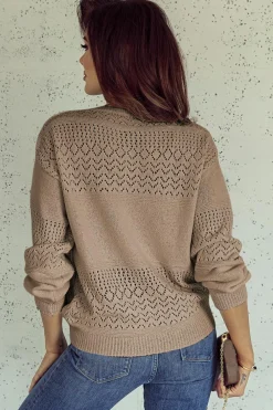 Fashion Dear-Lover Eyelet Pattern Detail V Neck Drop Shoulder Sweater Camel