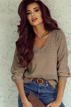 Fashion Dear-Lover Eyelet Pattern Detail V Neck Drop Shoulder Sweater Camel