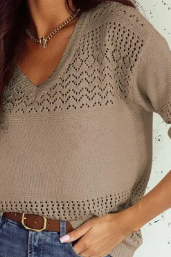 Fashion Dear-Lover Eyelet Pattern Detail V Neck Drop Shoulder Sweater Camel