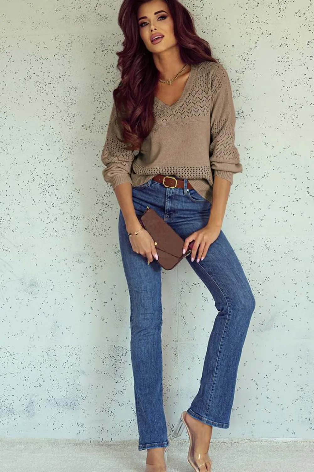 Fashion Dear-Lover Eyelet Pattern Detail V Neck Drop Shoulder Sweater Camel
