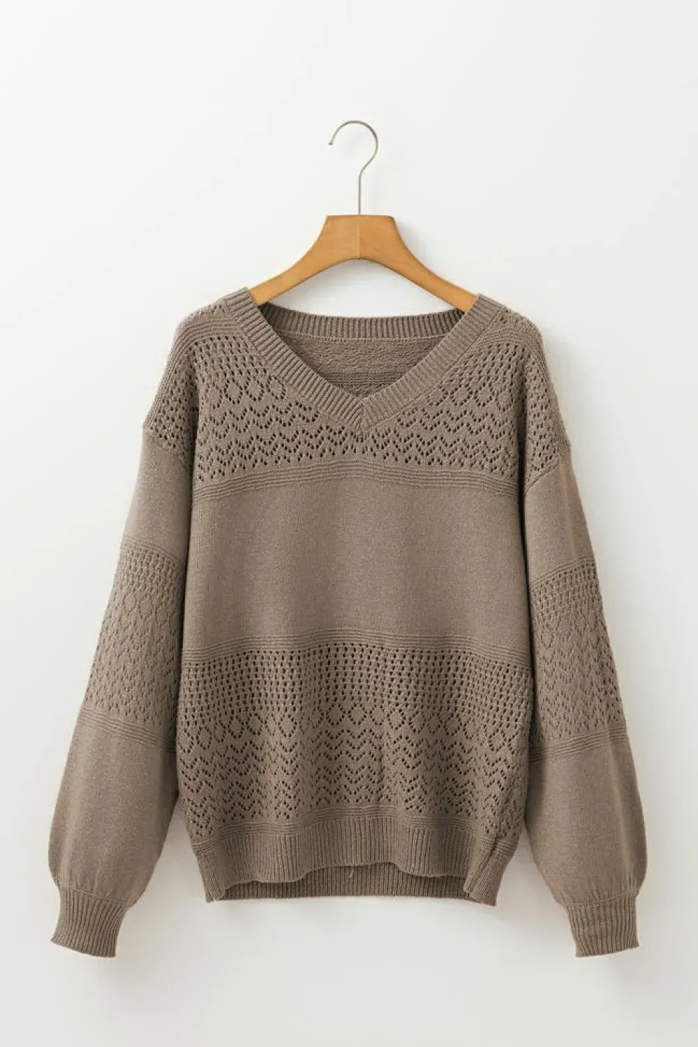 Fashion Dear-Lover Eyelet Pattern Detail V Neck Drop Shoulder Sweater Camel