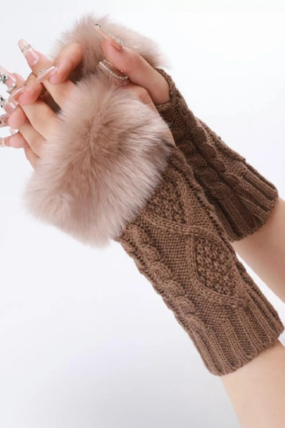 Hot Dear-Lover Faux Fur Detail Fingerless Textured Knitted Gloves Camel