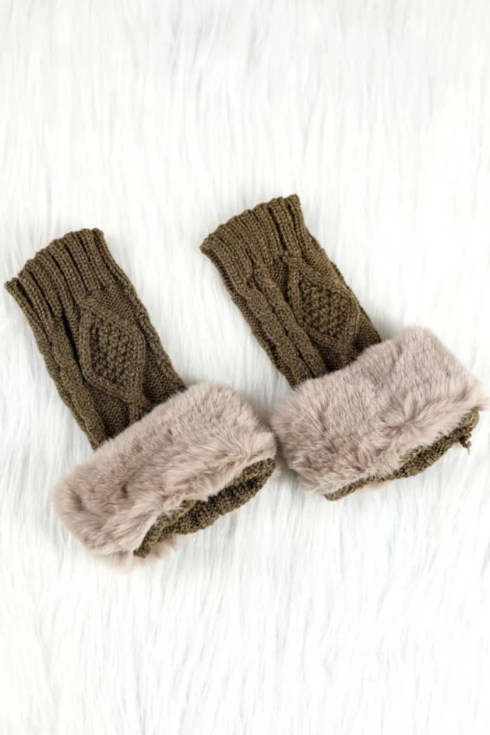 Hot Dear-Lover Faux Fur Detail Fingerless Textured Knitted Gloves Camel