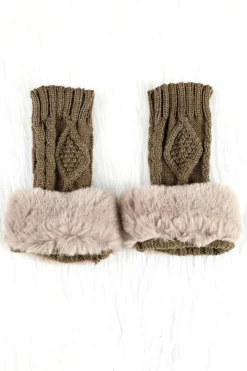 Hot Dear-Lover Faux Fur Detail Fingerless Textured Knitted Gloves Camel