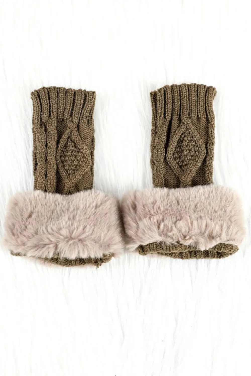 Hot Dear-Lover Faux Fur Detail Fingerless Textured Knitted Gloves Camel