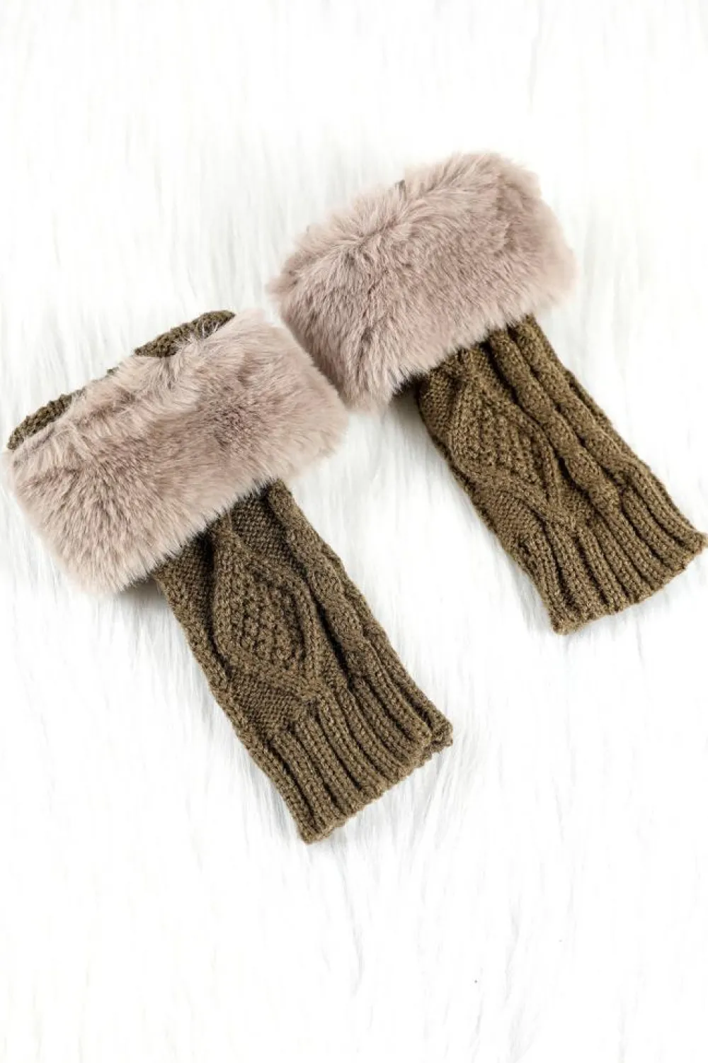 Hot Dear-Lover Faux Fur Detail Fingerless Textured Knitted Gloves Camel