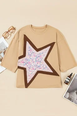 Online Dear-Lover Floral Star Patchwork 3/4 Long Sleeve Top Camel