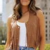 New Dear-Lover Fringed Snap Button Front Suedette Vest Camel