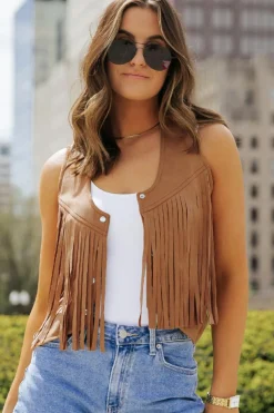 New Dear-Lover Fringed Snap Button Front Suedette Vest Camel