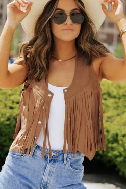 New Dear-Lover Fringed Snap Button Front Suedette Vest Camel