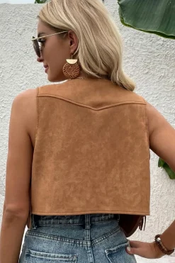 New Dear-Lover Fringed Snap Button Front Suedette Vest Camel