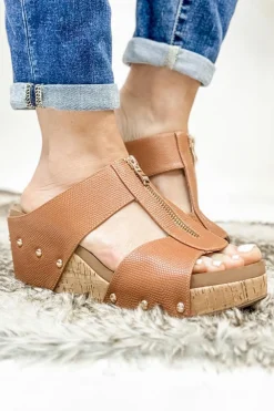 Hot Dear-Lover Hollow Out Zipped Studded Wedge Slippers Camel