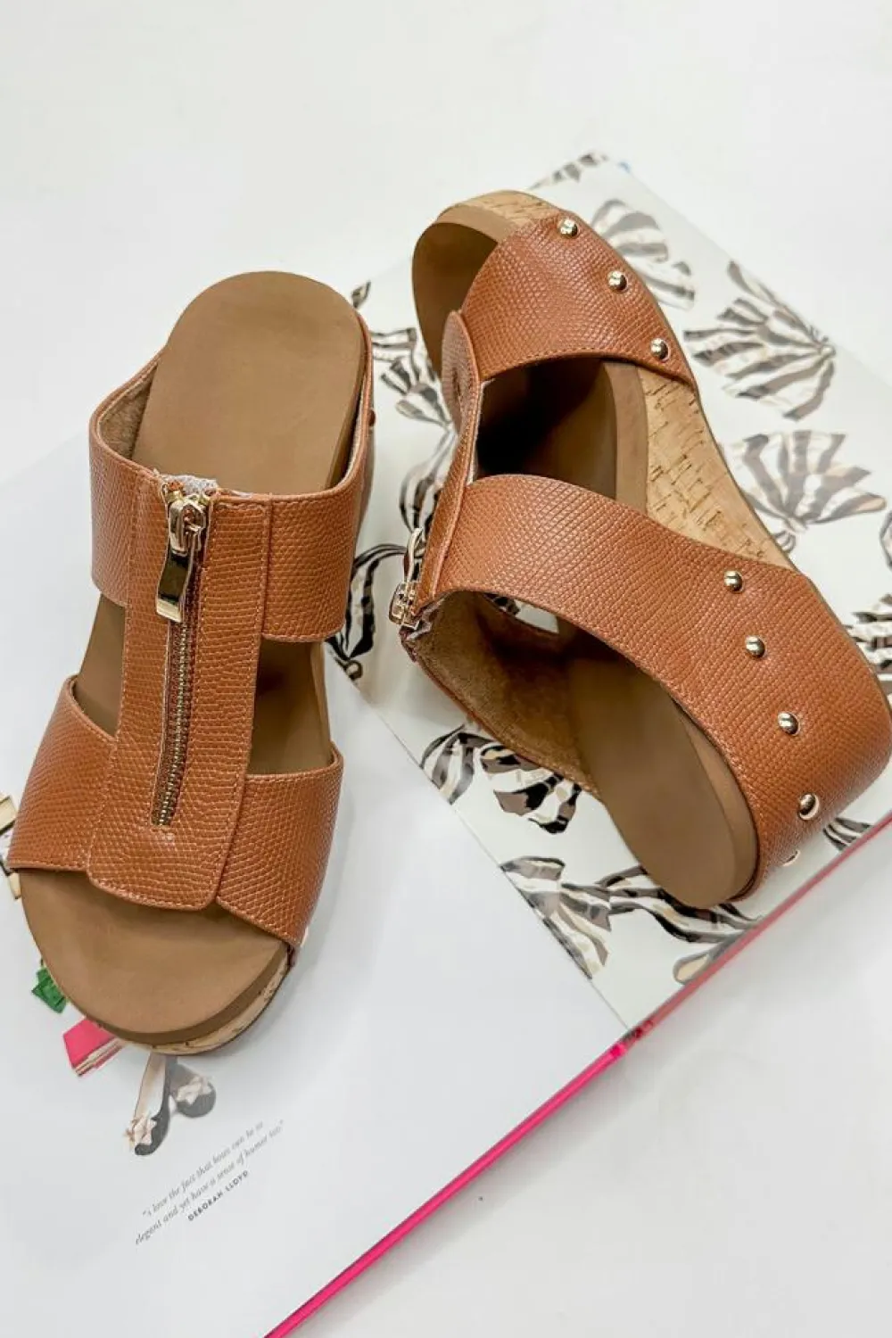 Hot Dear-Lover Hollow Out Zipped Studded Wedge Slippers Camel
