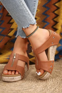 Hot Dear-Lover Hollow Out Zipped Studded Wedge Slippers Camel