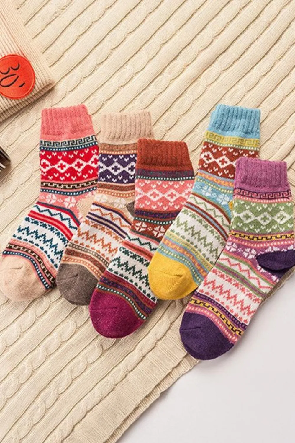 New Dear-Lover 5pcs/set Bohemian Pattern Soft Crew Socks Camel