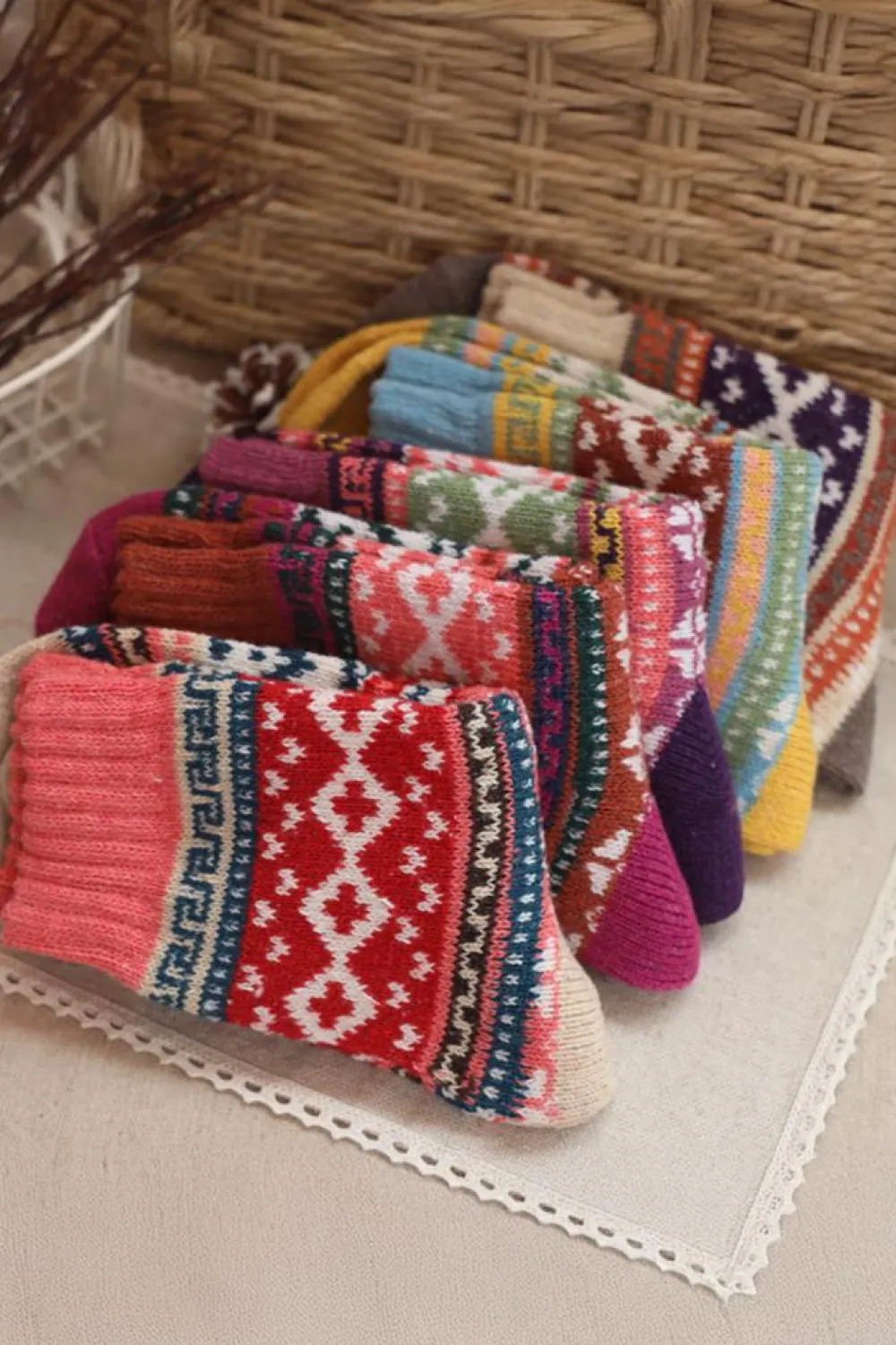 New Dear-Lover 5pcs/set Bohemian Pattern Soft Crew Socks Camel