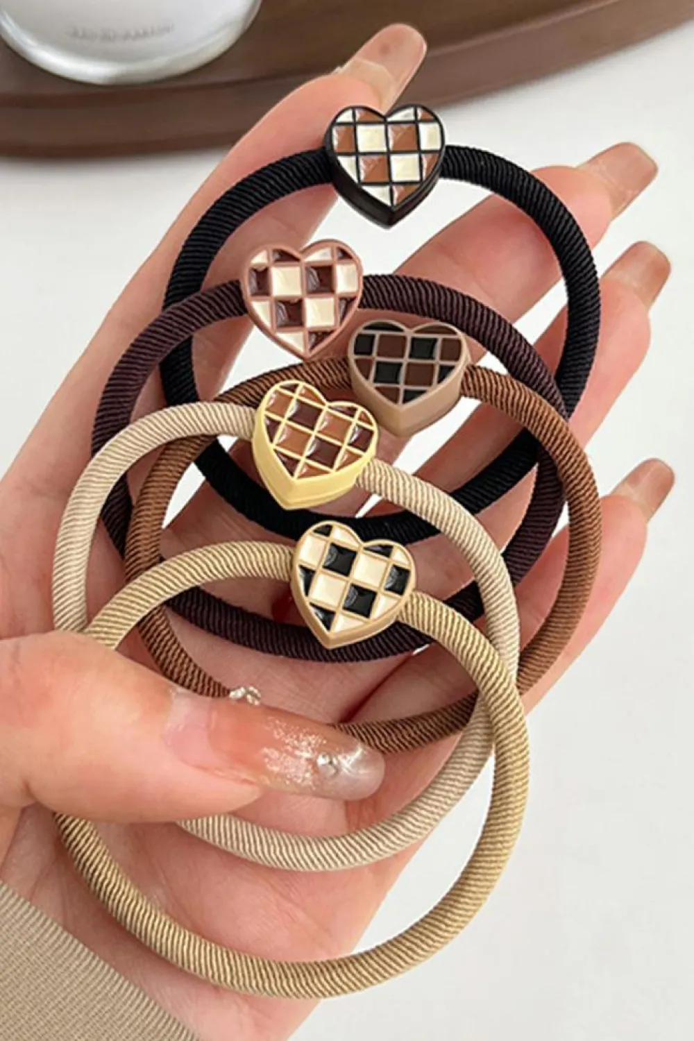 Sale Dear-Lover 5pcs/set Checkered Heart Decor High Elastic Hair Tie Camel