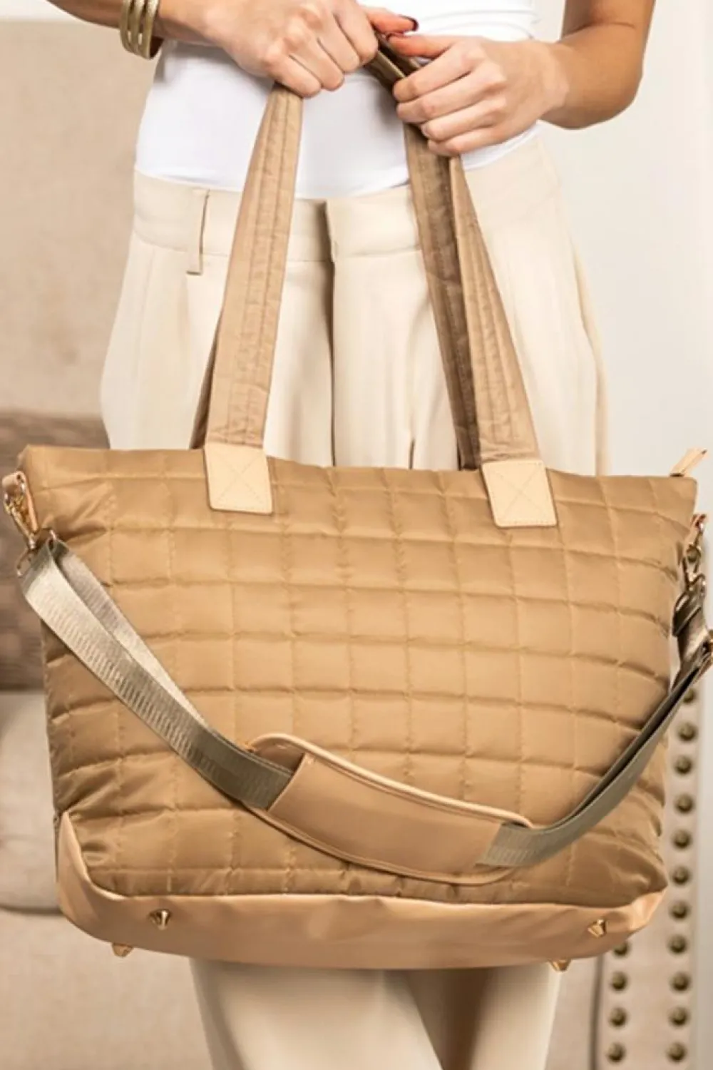 Hot Dear-Lover Quiled Patchwork Large Tote Bag and Clutch 2pcs Set Camel