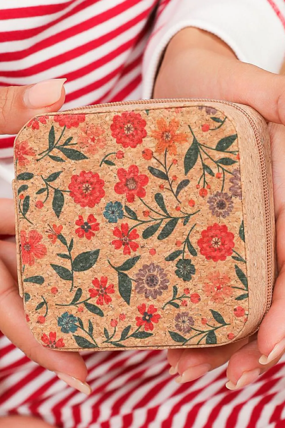 Fashion Dear-Lover Retro Floral Print Portable Square Jewelry Box Camel
