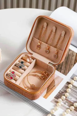 Fashion Dear-Lover Retro Floral Print Portable Square Jewelry Box Camel