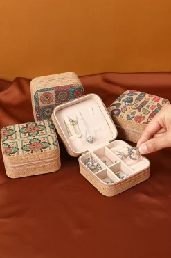 Fashion Dear-Lover Retro Floral Print Portable Square Jewelry Box Camel