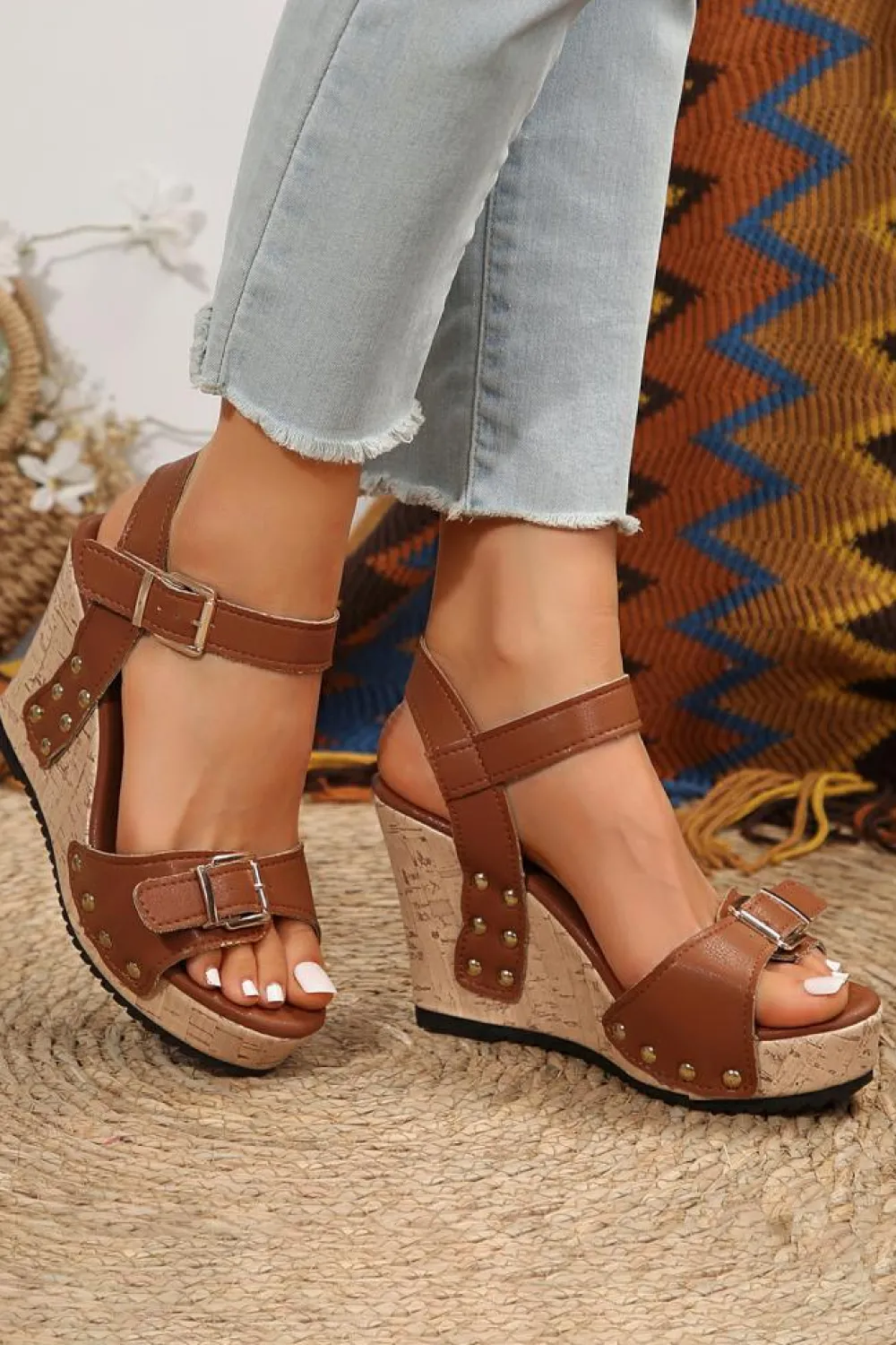 Clearance Dear-Lover Rivet Buckle Closure Wedge Sandals Camel
