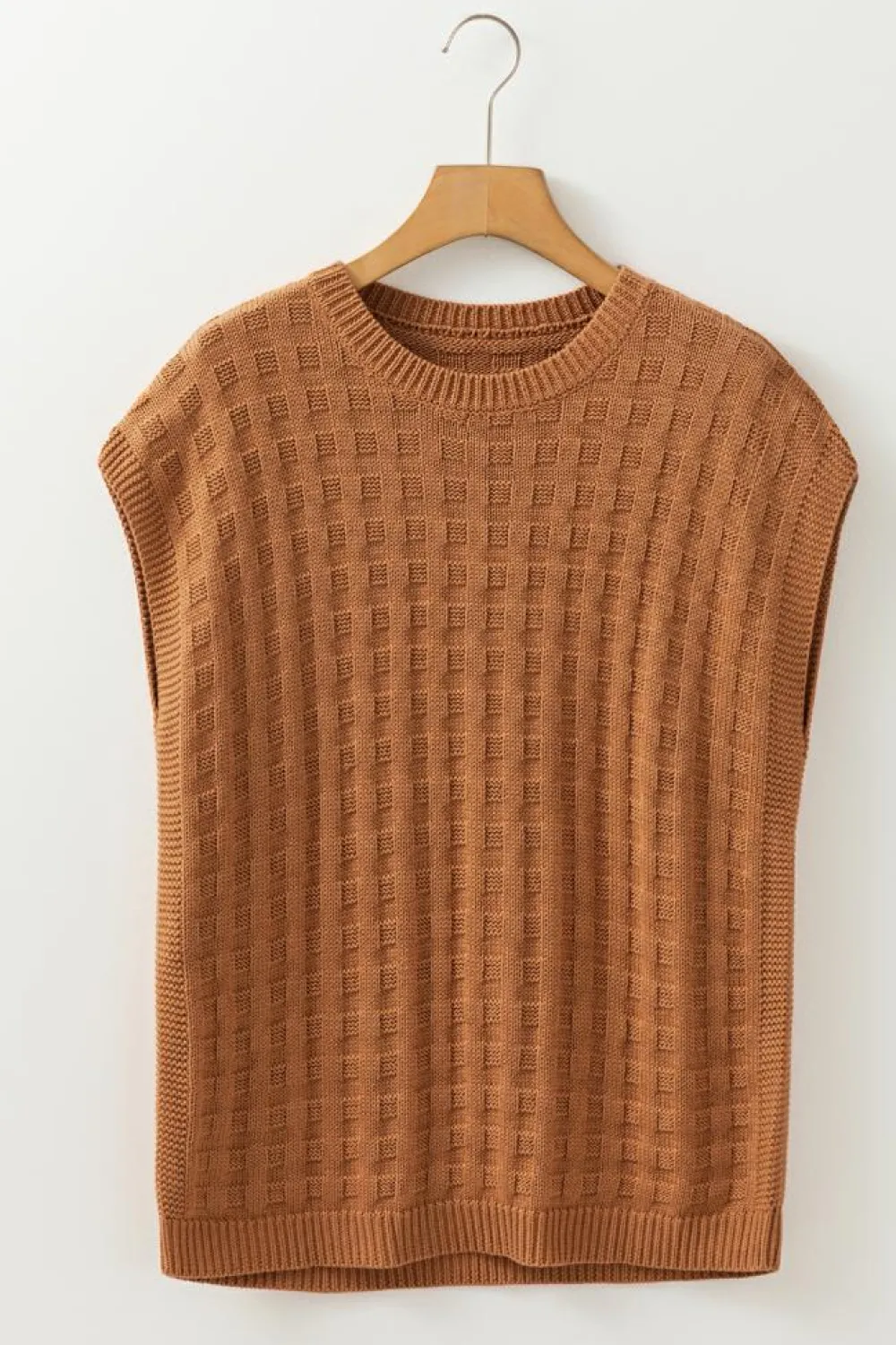 Clearance Dear-Lover Round Neck Textured Knit Sweater Vest Camel