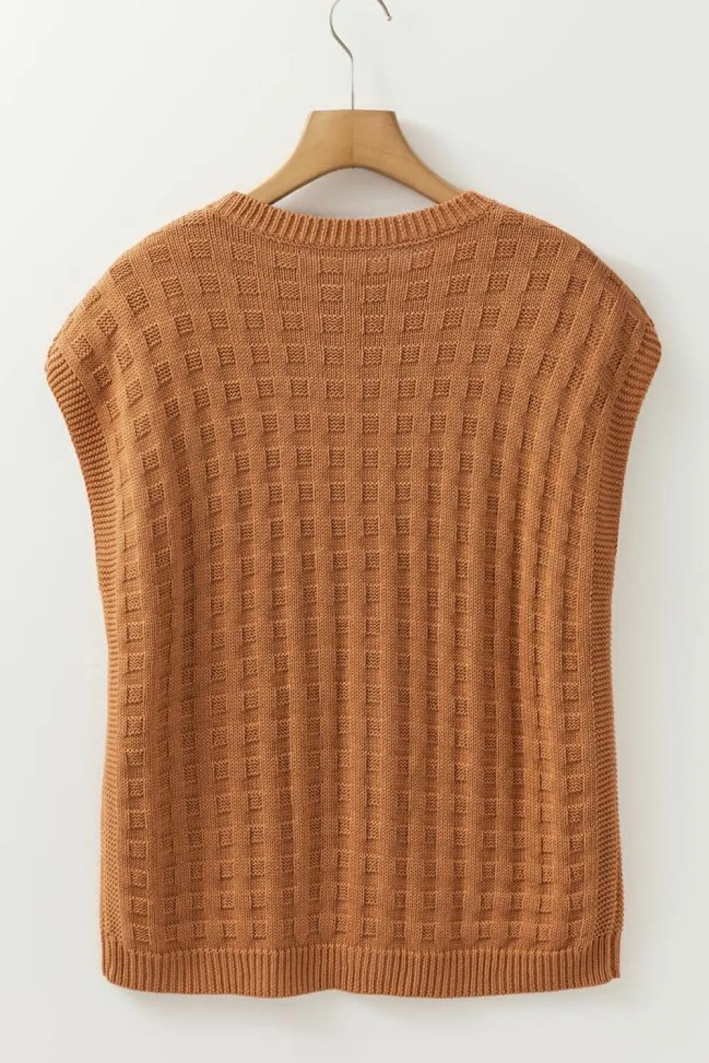 Clearance Dear-Lover Round Neck Textured Knit Sweater Vest Camel