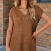 Fashion Dear-Lover Solid Color Short Sleeve Notched V Neck Sweater Dress Camel