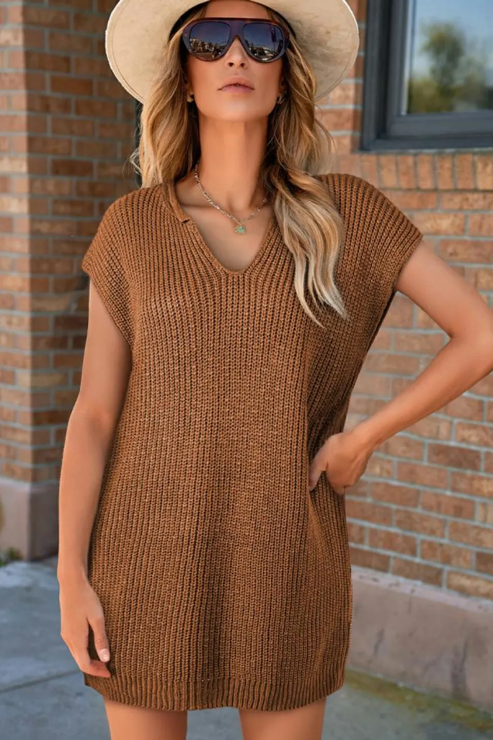 Fashion Dear-Lover Solid Color Short Sleeve Notched V Neck Sweater Dress Camel