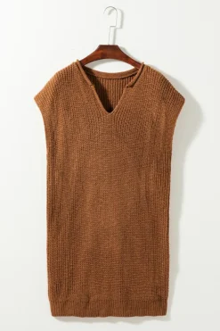Fashion Dear-Lover Solid Color Short Sleeve Notched V Neck Sweater Dress Camel