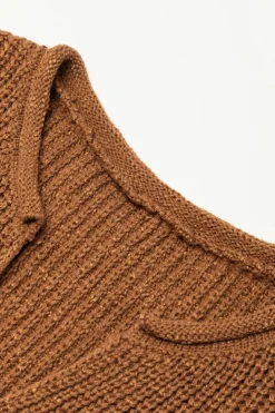 Fashion Dear-Lover Solid Color Short Sleeve Notched V Neck Sweater Dress Camel