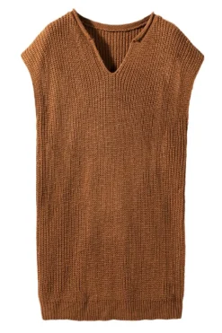 Fashion Dear-Lover Solid Color Short Sleeve Notched V Neck Sweater Dress Camel