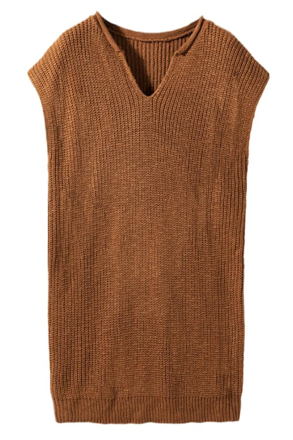 Fashion Dear-Lover Solid Color Short Sleeve Notched V Neck Sweater Dress Camel