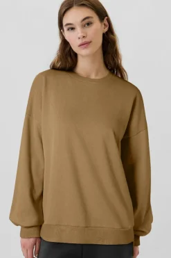 New Dear-Lover Solid Fleece Lined Drop Shoulder High Low Sweatshirt Camel