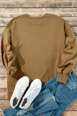 New Dear-Lover Solid Fleece Lined Drop Shoulder High Low Sweatshirt Camel