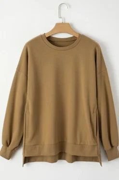 New Dear-Lover Solid Fleece Lined Drop Shoulder High Low Sweatshirt Camel