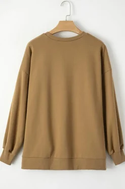 New Dear-Lover Solid Fleece Lined Drop Shoulder High Low Sweatshirt Camel