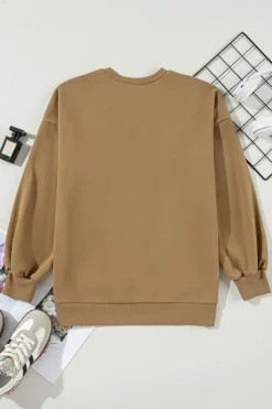 New Dear-Lover Solid Fleece Lined Drop Shoulder High Low Sweatshirt Camel
