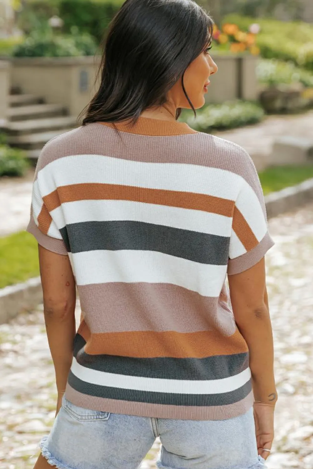 Discount Dear-Lover Striped Knit Crew Neck T Shirt Sweater Camel