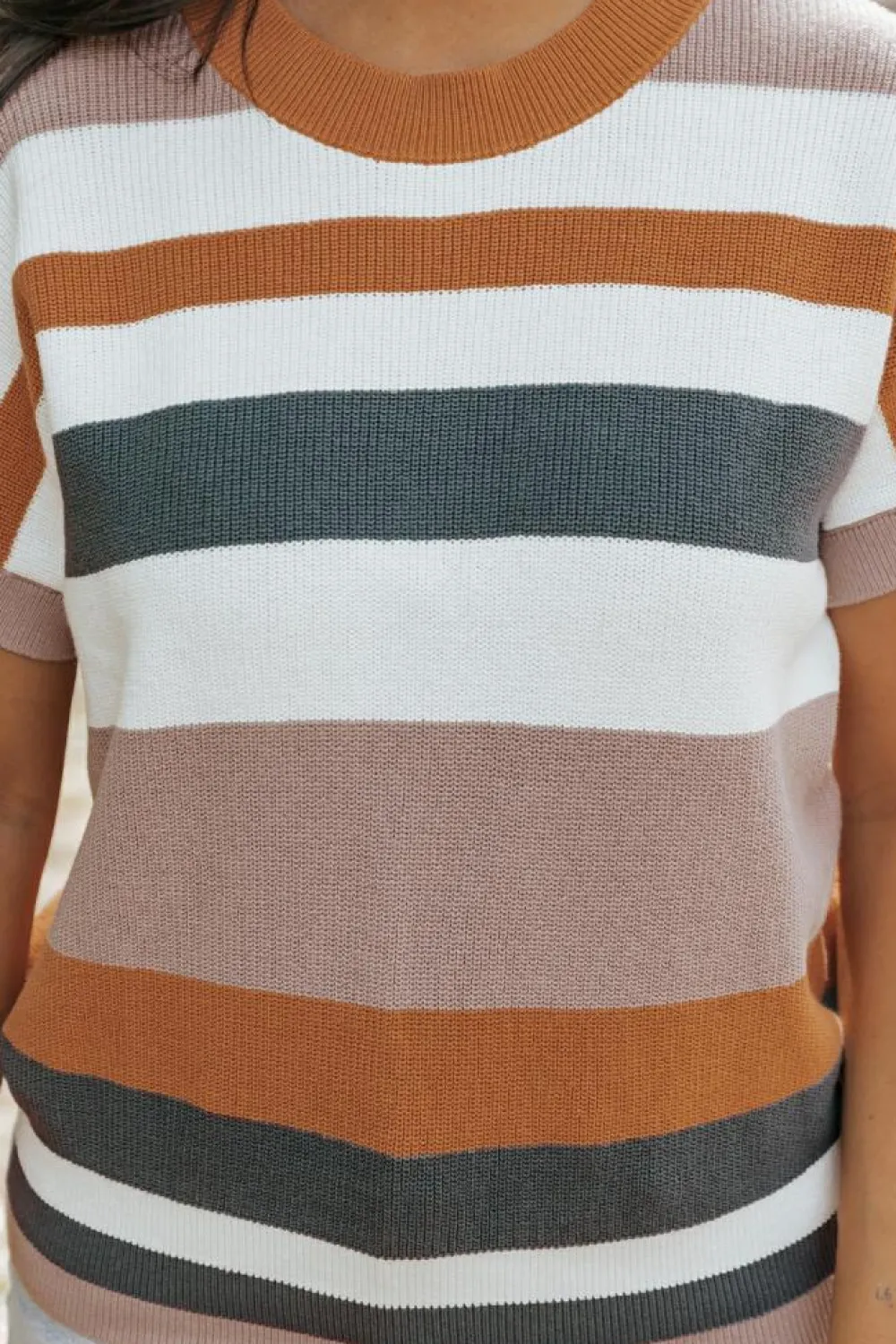 Discount Dear-Lover Striped Knit Crew Neck T Shirt Sweater Camel
