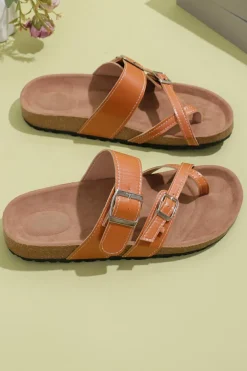 Sale Dear-Lover Suede Adjustable Strap Toe Ring Outdoor Slippers Camel