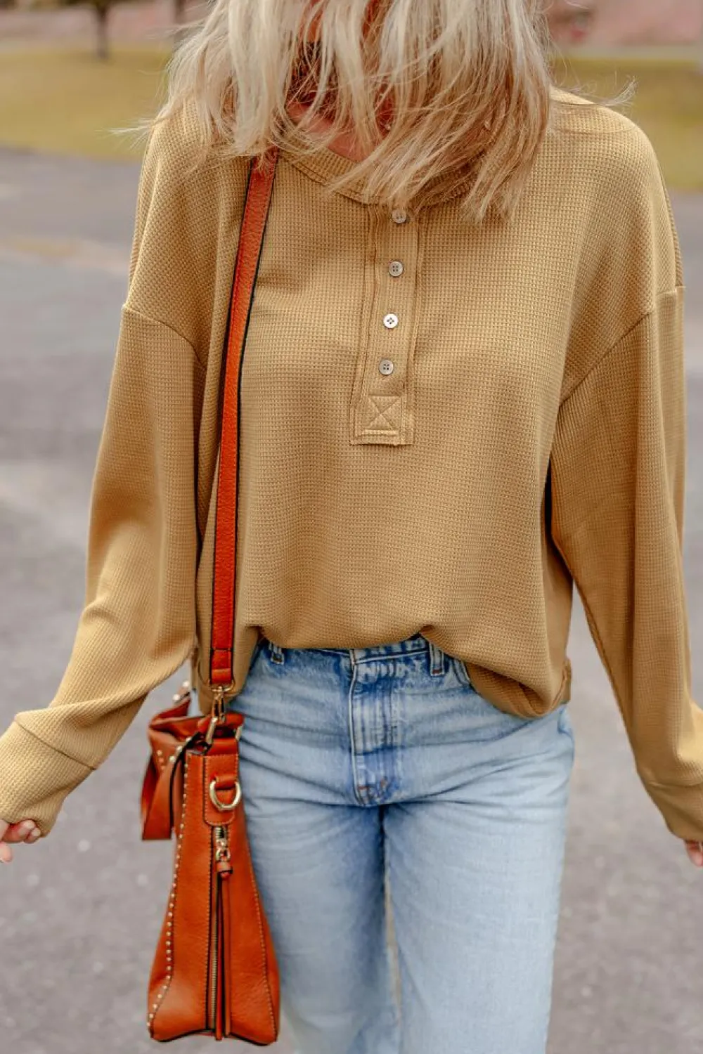 Discount Dear-Lover Textured Knit Half Button Drop Shoulder Oversized Top Camel