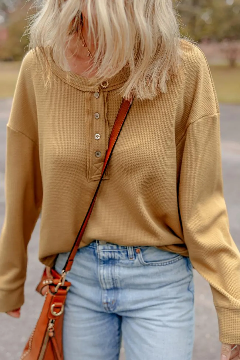 Discount Dear-Lover Textured Knit Half Button Drop Shoulder Oversized Top Camel